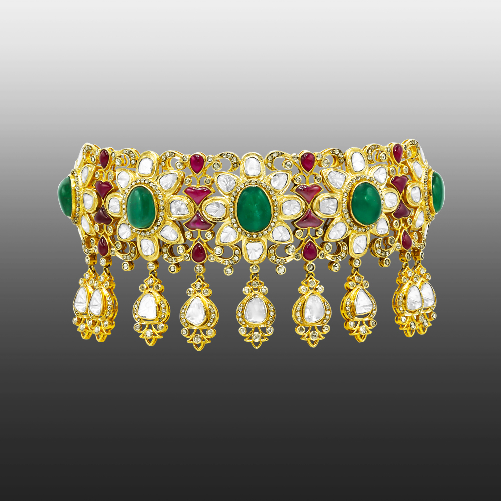 Fusion Choker with Emerald Cabochons, Rubies, and Polki
